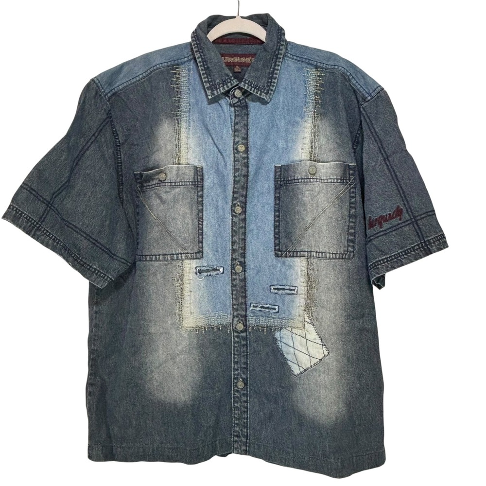 Vintage Burgundy Brand Y2K Short Sleeve Denim Shirt Distressed Patchwork Blue XL